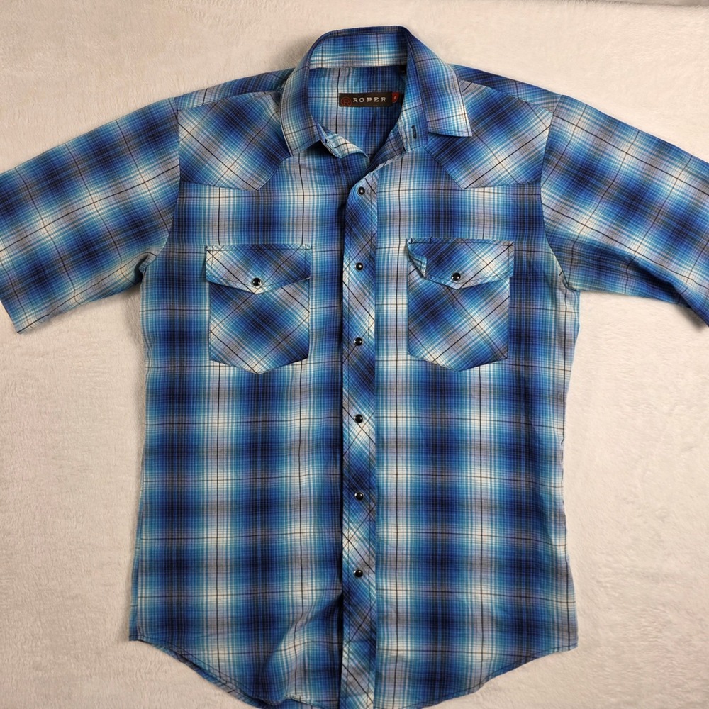 Roper Western Shirt Mens Small Blue Plaid Excellent Pearl Snap Short Sleeve